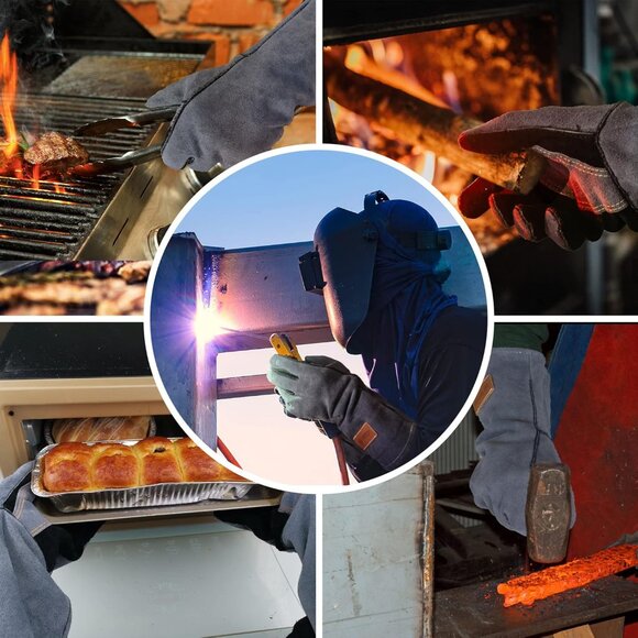 Men Black/Grey 16 Inches Fire & Heat Resistant Fireplace Leather Welding Gloves - Picture 5 of 6